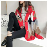 Geometric Pattern Oversized Cardigan - Free Size, Red image