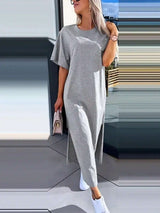 Oversized T-Shirt Dress with Side Slits - L, Grey image