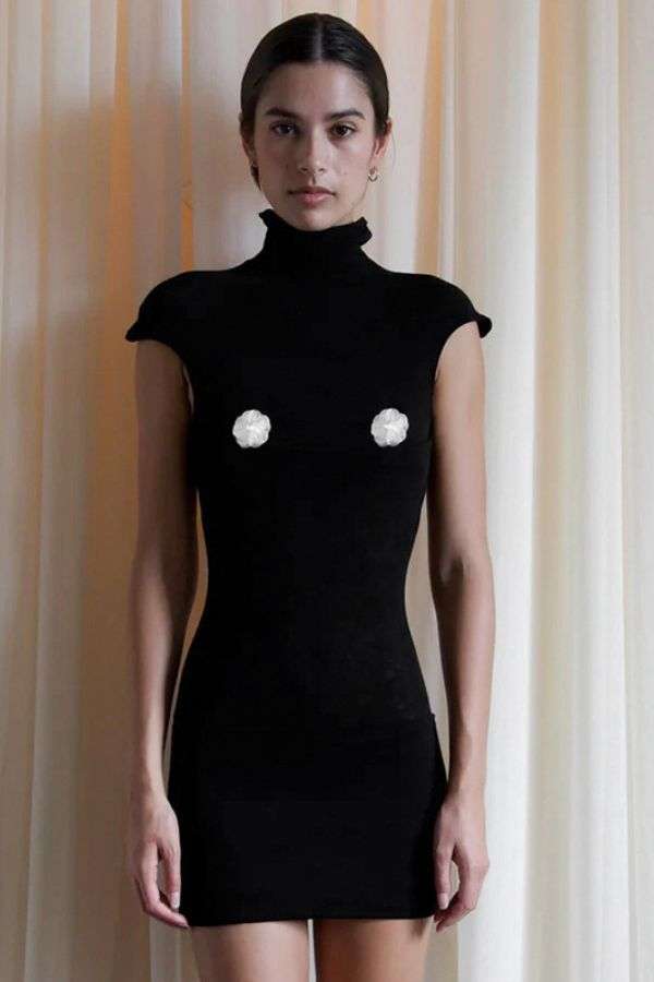 Sleeveless Turtleneck Dress with Embellished Pasties - L, Black image