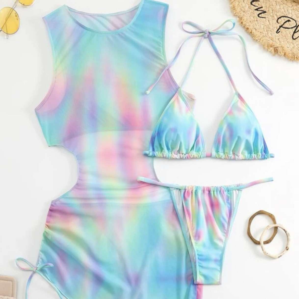 Pastel Rainbow Mesh Cover-Up Dress & Bikini Set image 4