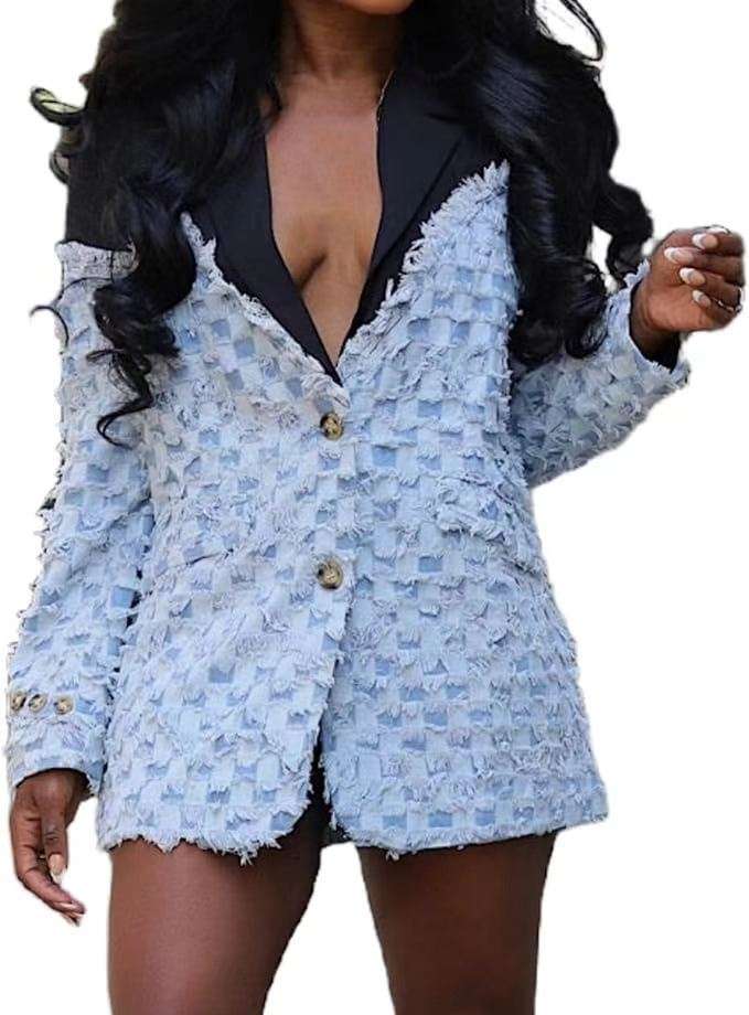 Checkerboard Plaid Patchwork Blazer Coat - M, Black image