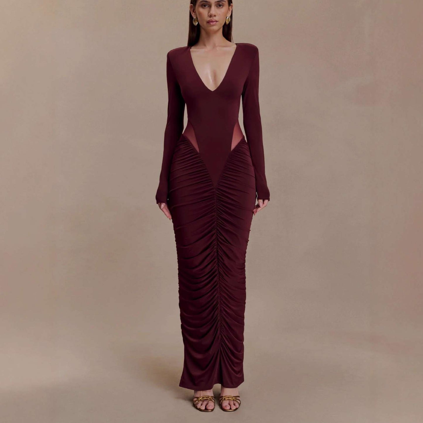 Chic Long Sleeve Bodycon Maxi Dress - S, Wine Red image