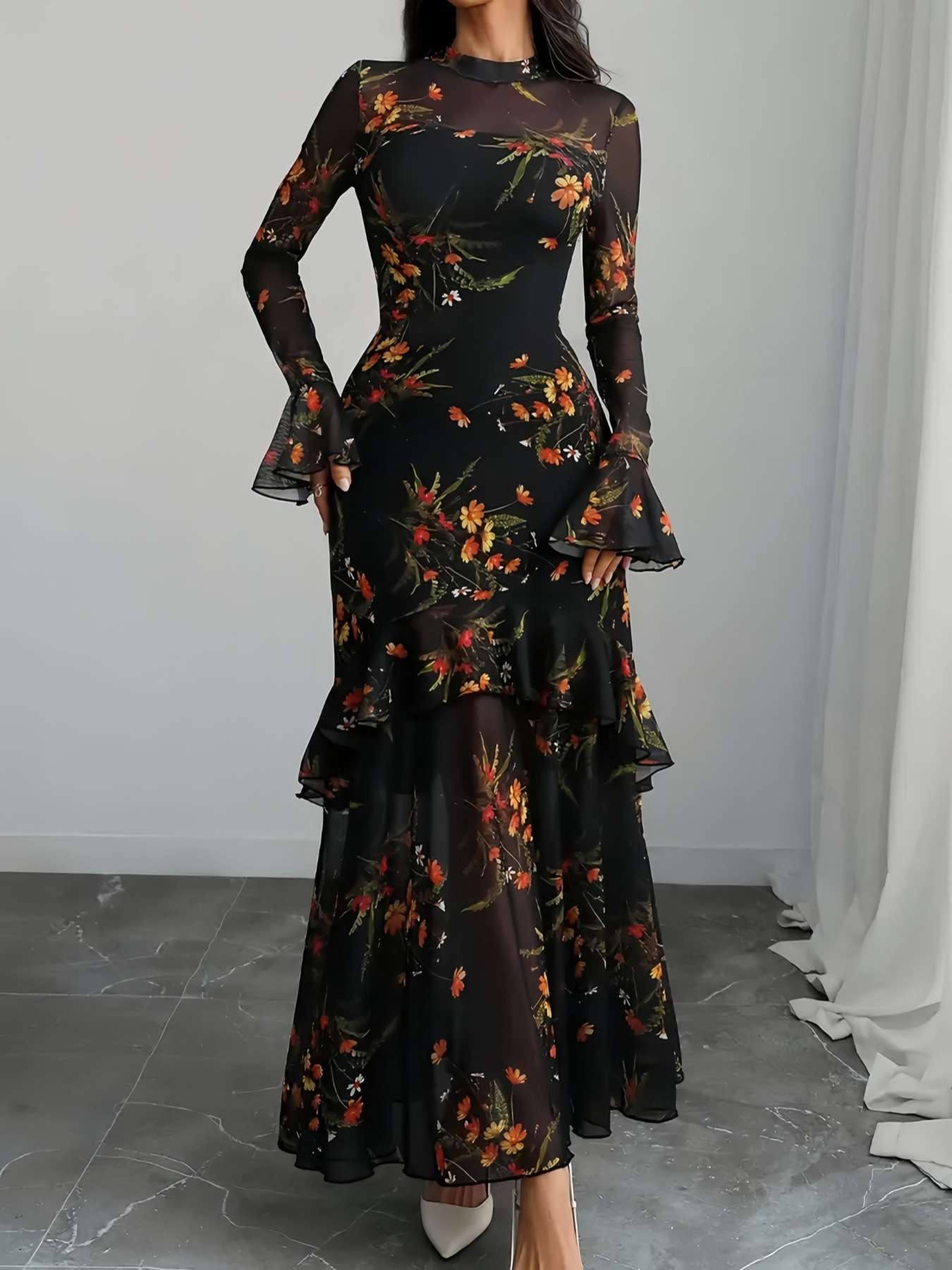 Floral Ruffle Maxi Dress - L, Black image