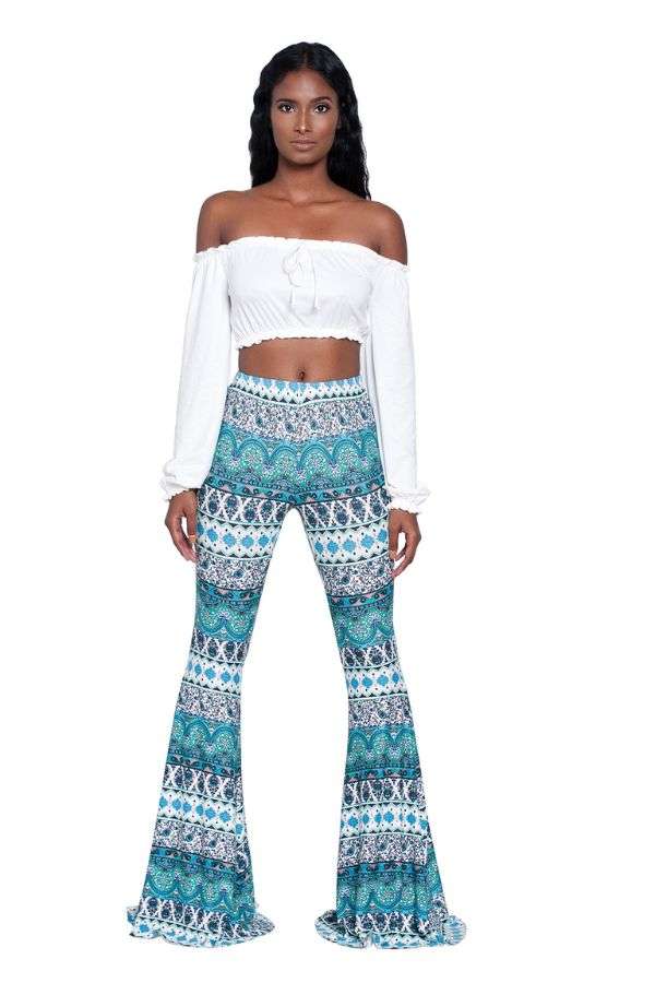 Ethnic Boho Pattern Bell Bottom Flared Pants - XL, Blue image