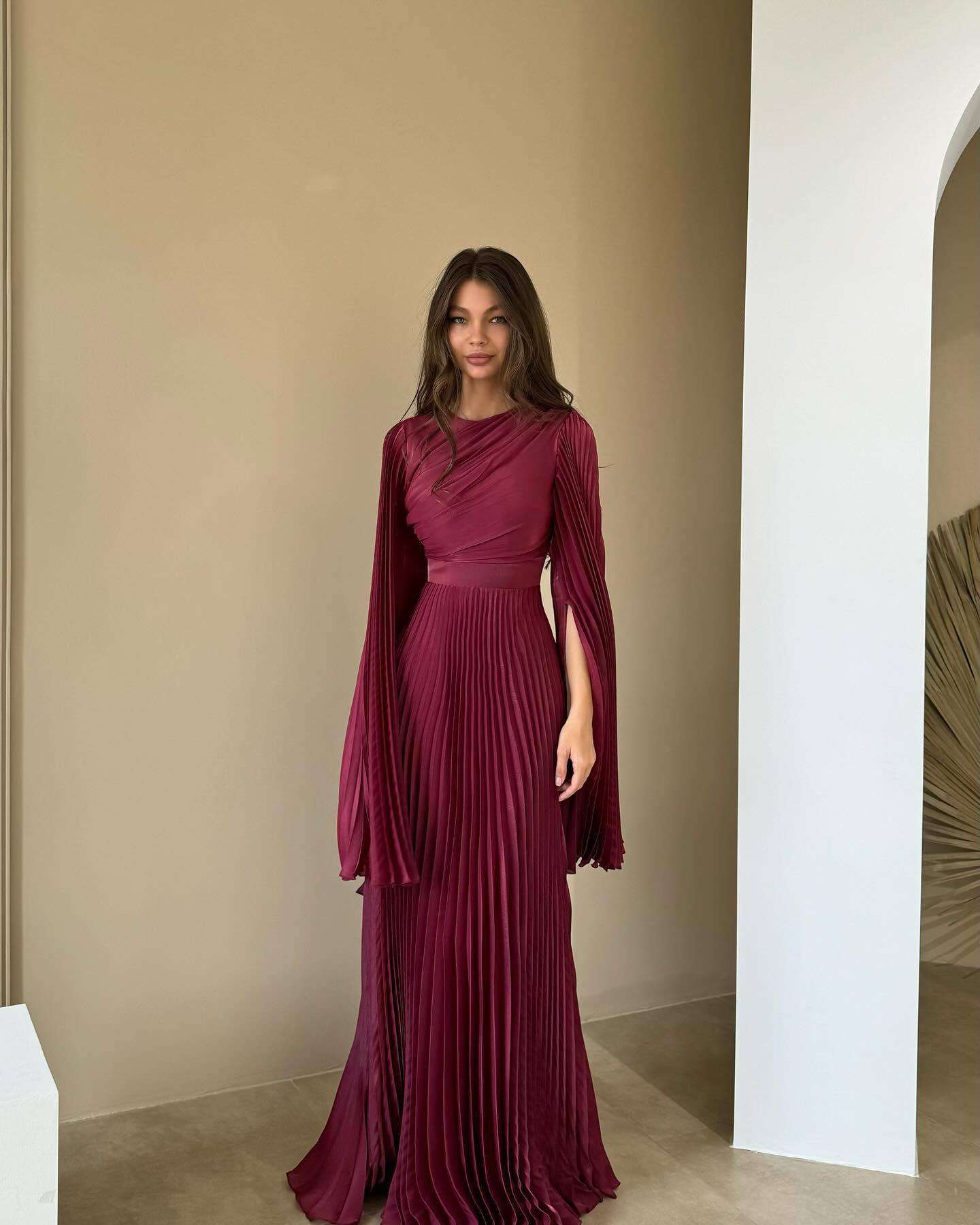 O-Neck Long Sleeve  Evening Dress - M, Maroon image