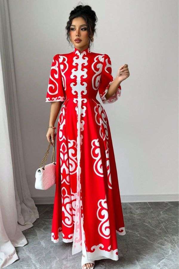 Patterned Maxi Dress with Short Sleeves - L, Red image