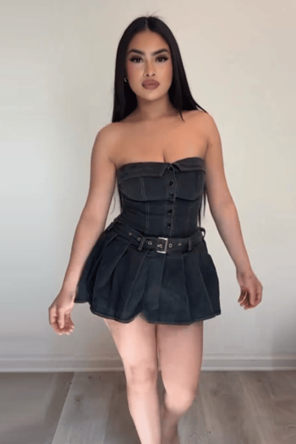 Urban Charm Belted Denim Skater Dress - S, Black image