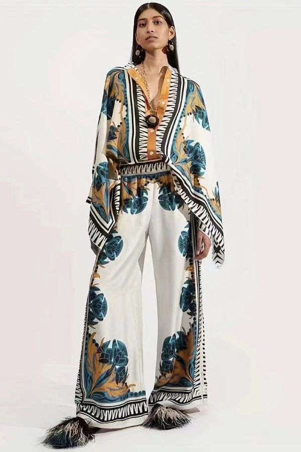 Asymmetrical Print Casual Shirt Top & Pants Set - S, Multi White image