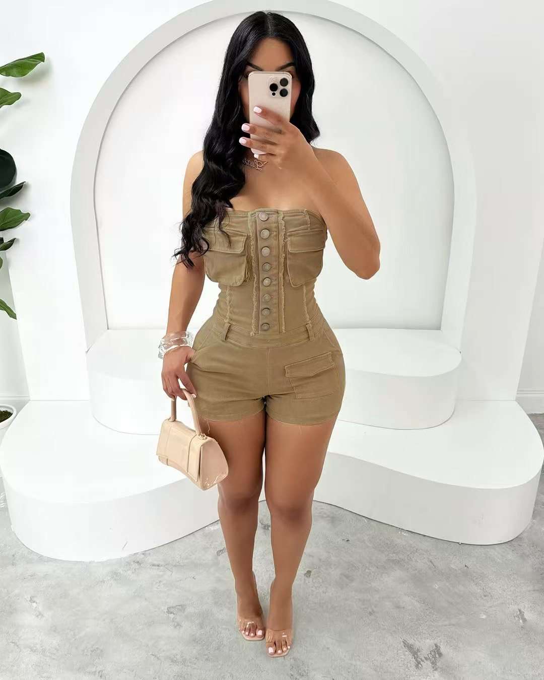 Strapless Button-Down Romper with Pockets - M, Beige image