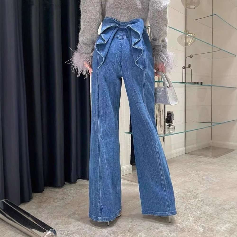 High-Waisted Wide-Leg Ruffled Pants - M, Blue image