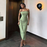 Off-Shoulder Maxi Dress with Side Slit - M, Green image