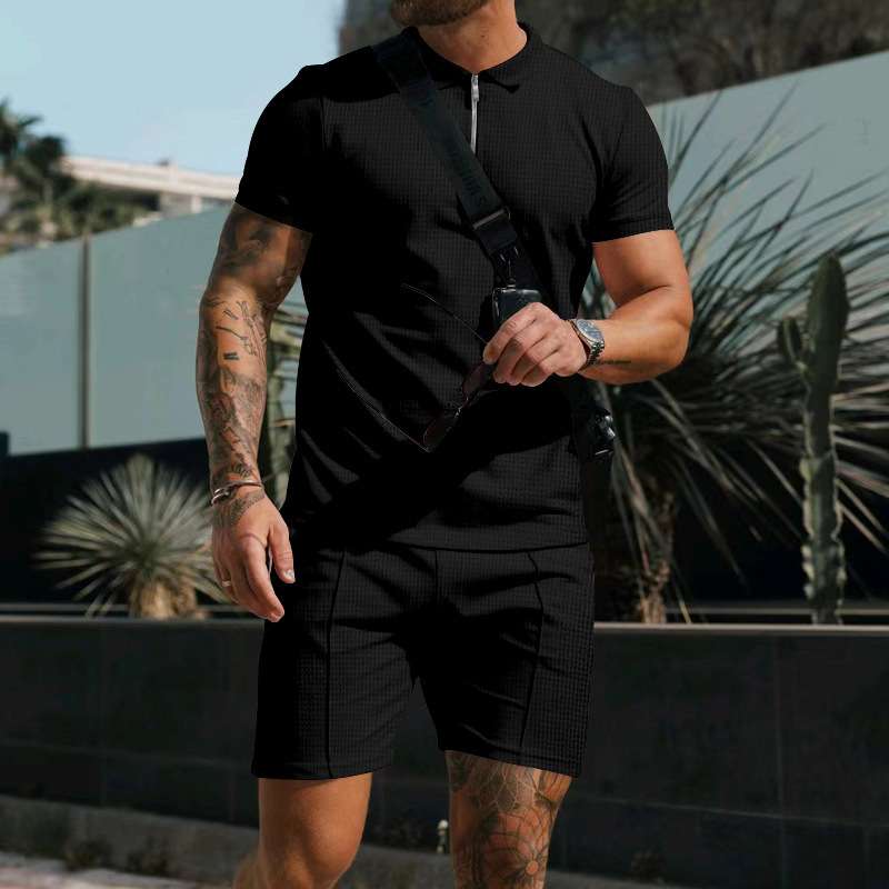 Men's Stylish Textured Zipper Polo Short Set image 0