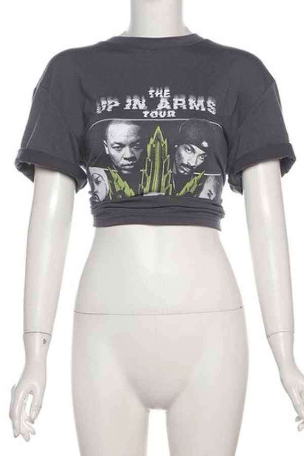 Printed Round Neck Knot Tie Cropped Tee Shirt Top image 3