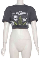 Printed Round Neck Knot Tie Cropped Tee Shirt Top image 3