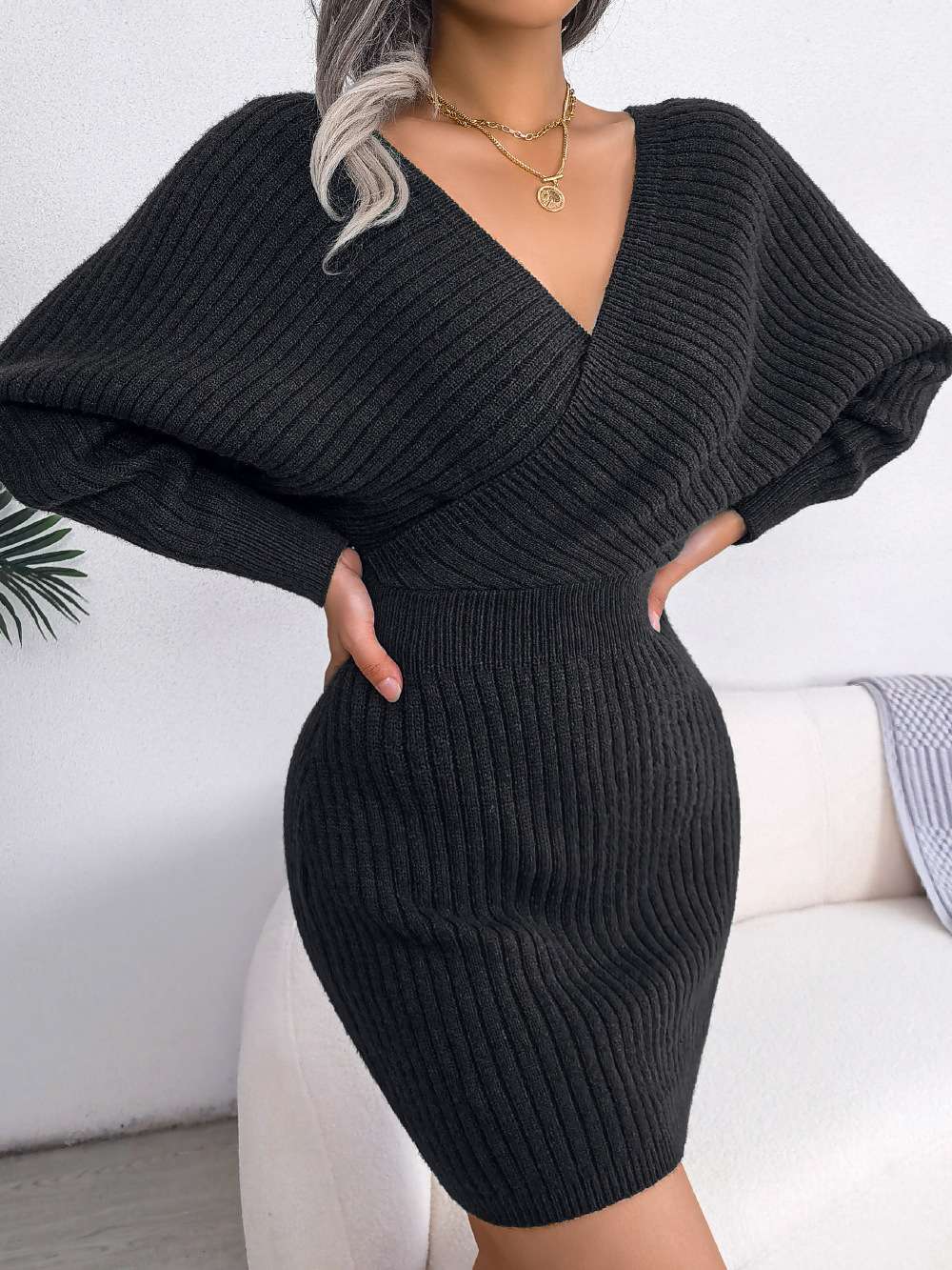 Ribbed Vneck Sweater Dress image 9