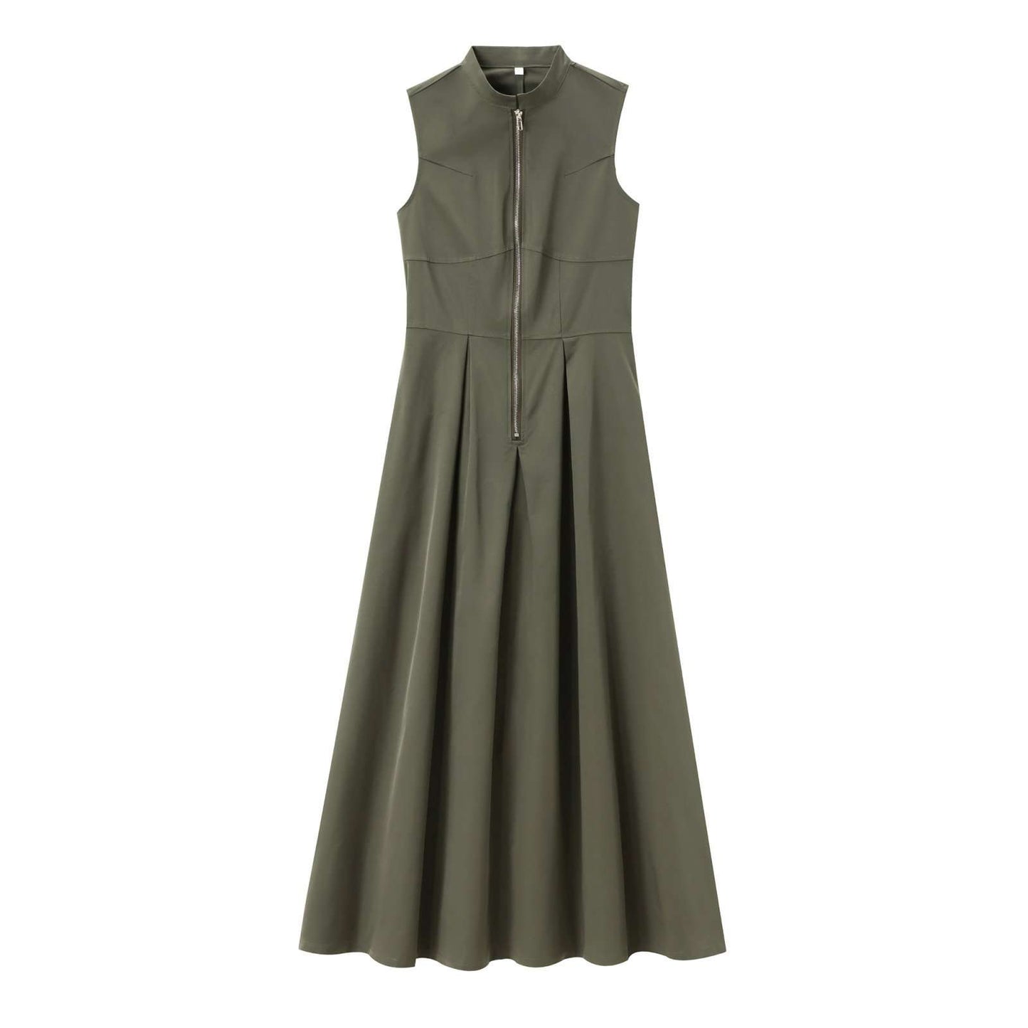 Sleeveless Zip-Front Midi Dress - L, Olive Green image