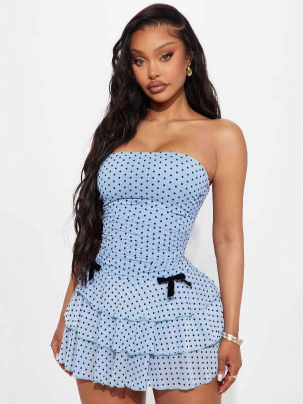 Strapless Polka Dot Ruffled Mini Dress image 3