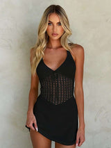 Crochet Halter Mini Dress - M, Black image