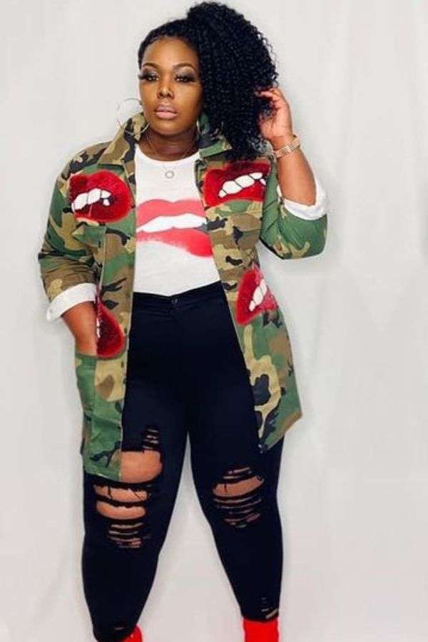 Fashion Lip Print Camo Jacket - S, Army Green image