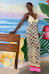 Sexy Ripped Crochet Cross Halter Back Resort Maxi Dress image 0