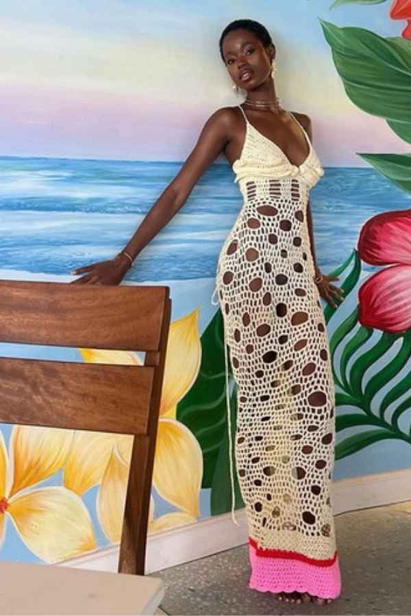 Sexy Ripped Crochet Cross Halter Back Resort Maxi Dress image 0