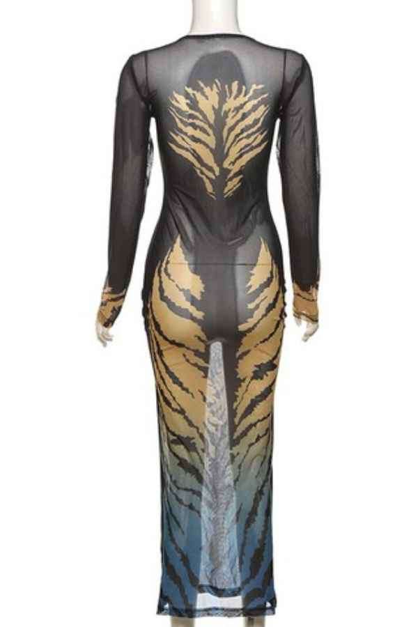 Sexy 3D Print See-Through Mesh Long Sleeve Maxi Dress image 5
