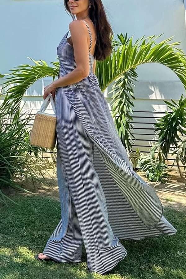 Striped V-Neck Cut-Out Top with Wide-Leg Pants image 2