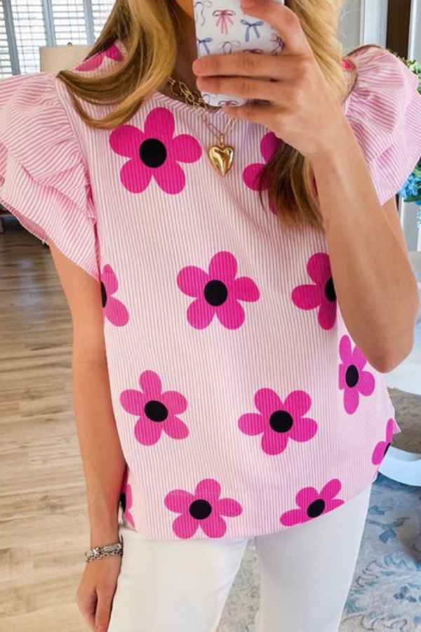 Floral Ruffled Sleeve Round Neck Striped Blouse Top image 2