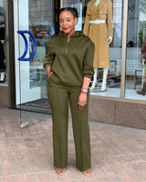 Casual Army Green Hooded Long Sleeve  Pull-On Two Piece Sets image 0