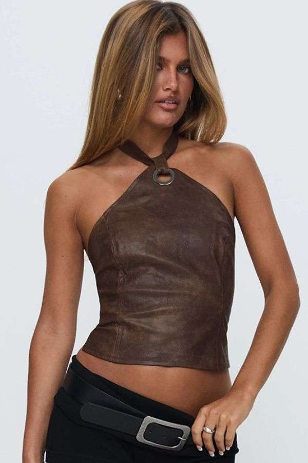 Faux Leather Halter Top with O-Ring Detail - S, Brown image