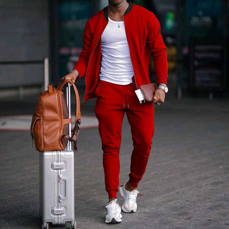 Casual Solid Baseball Collar Tracksuit - S, Red image