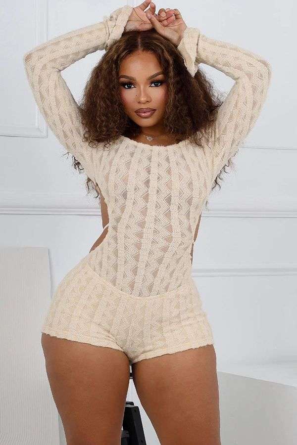 Solid Backless Slim-Fit Off-Shoulder Rompers - L, Beige image