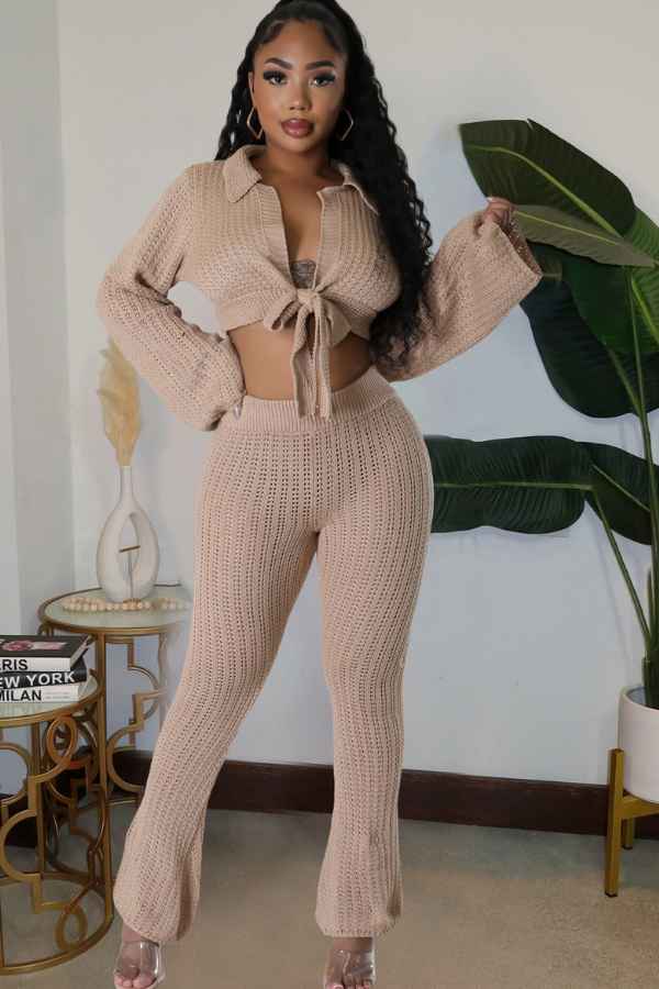 Sexy Knit Long Sleeve Top Two Piece Flared Pants Set image 0