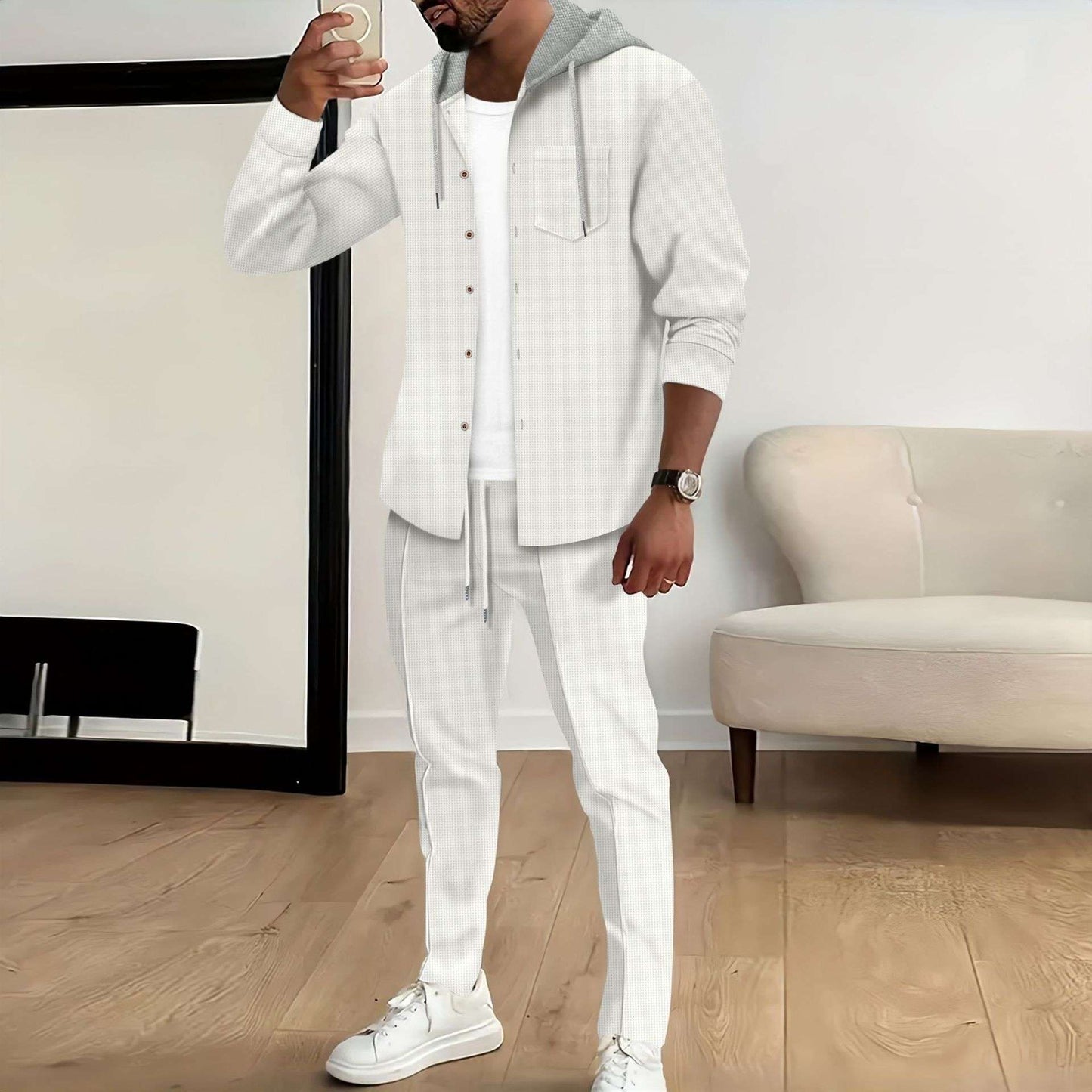 Slim Fit Waffle Hoodie & Cardigan Tracksuit - S, White image