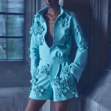 3D Floral Design Collared Romper - L, Blue image