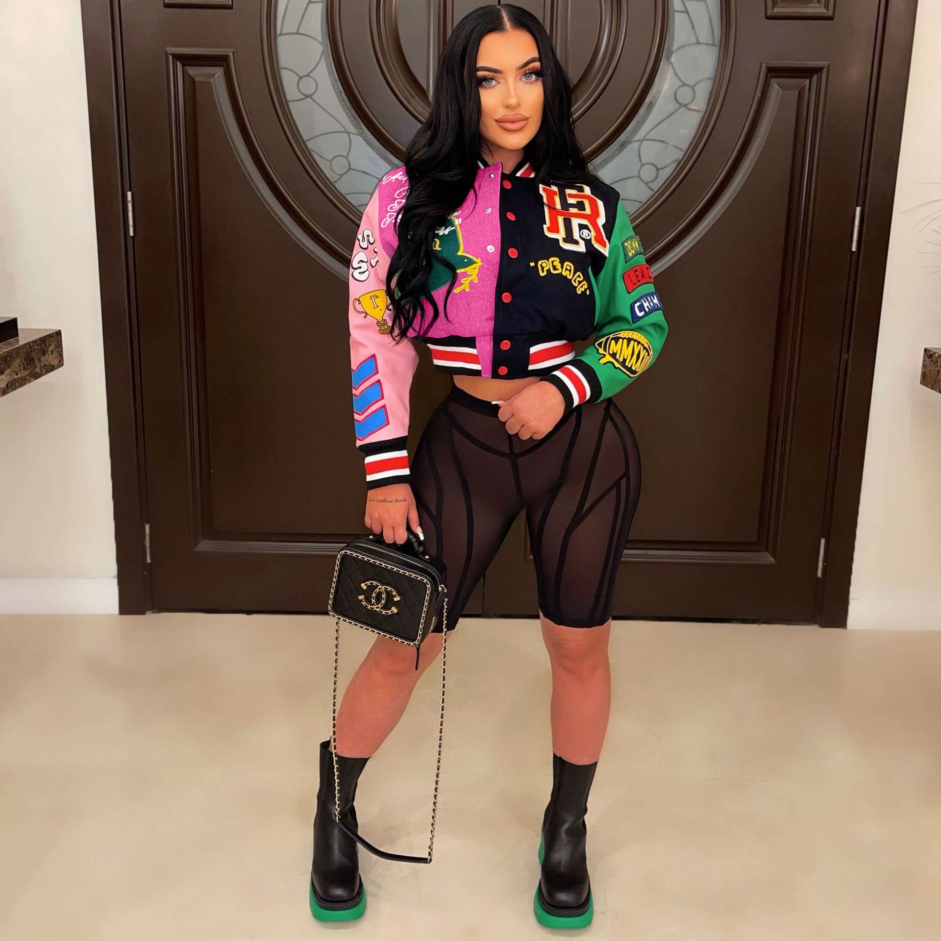 Button Up Printed Crop Bomber Jacket - L, Multi Pink image