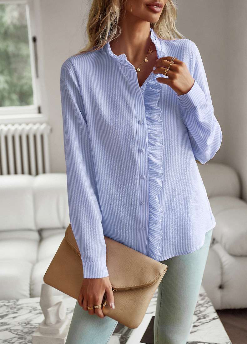 Spread Collar Striped Ruffles Shirt - S, Light Blue image