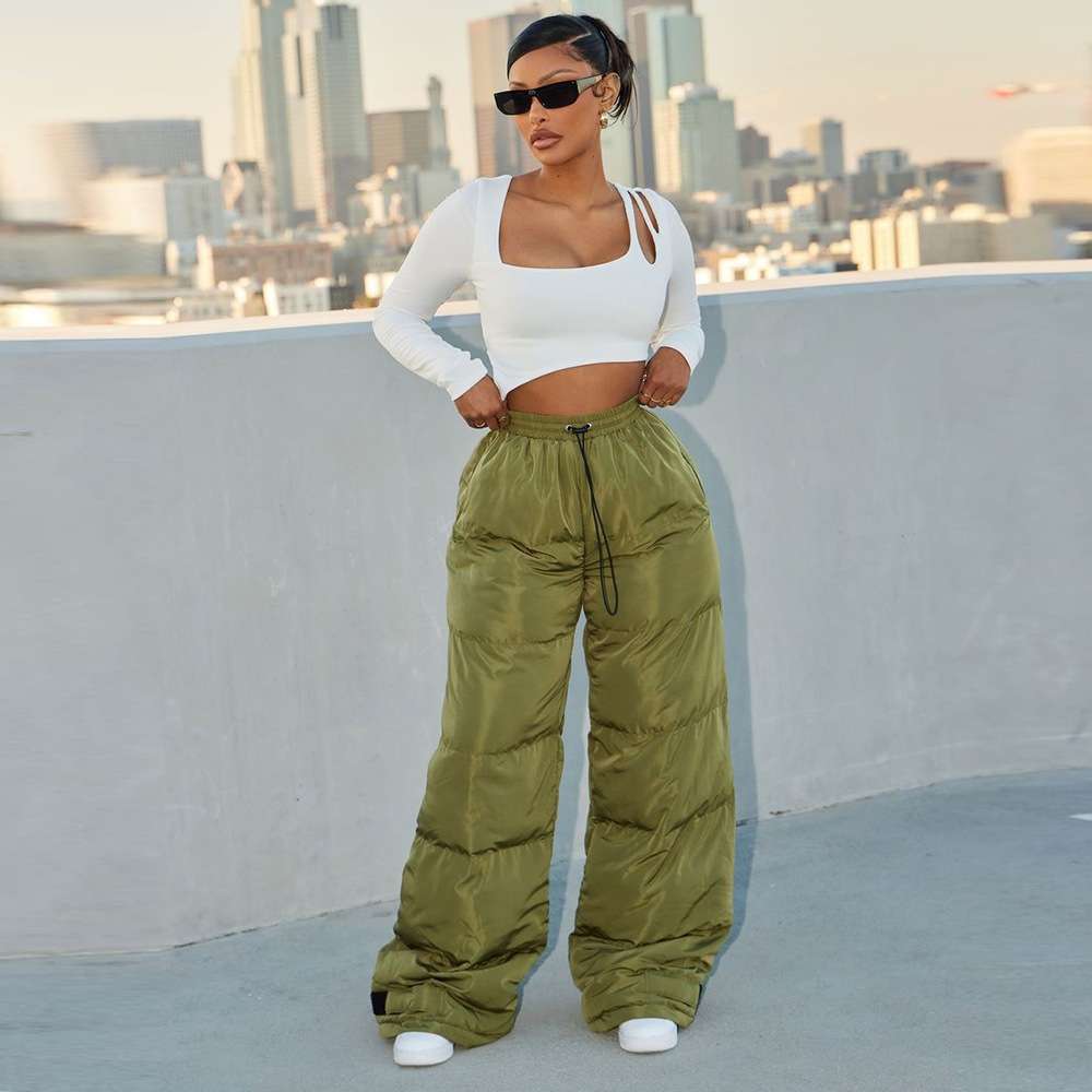 Fashionable  Long Puffer Pants - L, Olive Green image
