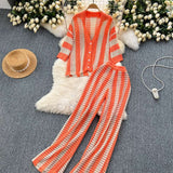 Striped Knit Set with Cardigan & Wide-Leg Pants - Free Size, Orange image