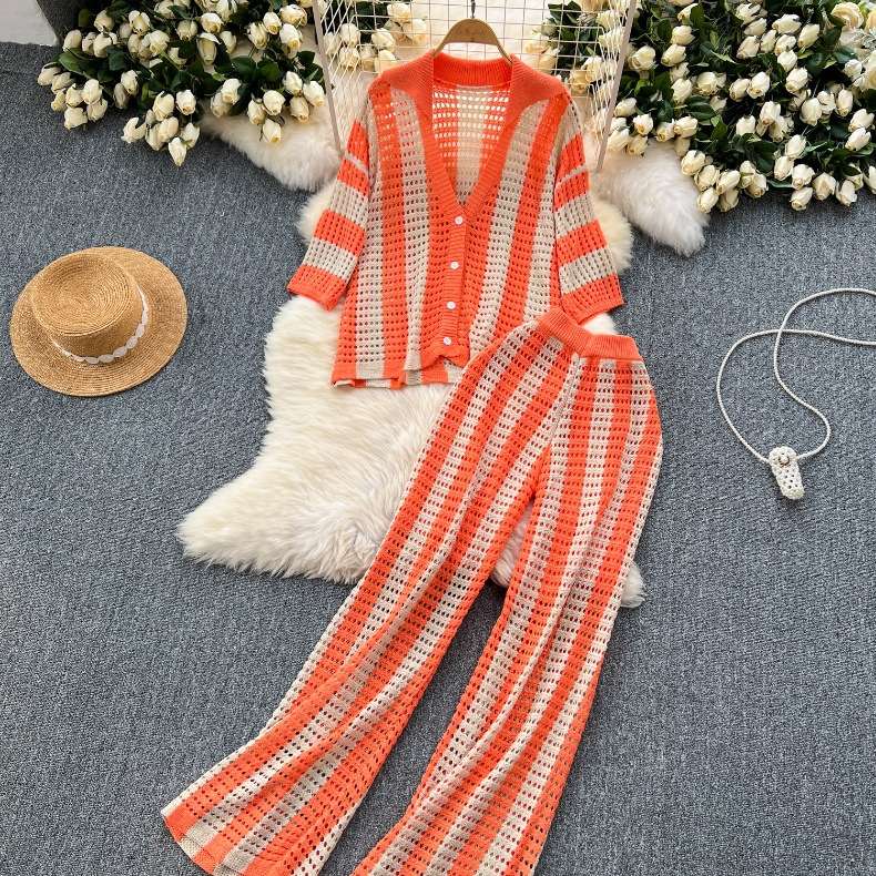 Striped Knit Set with Cardigan & Wide-Leg Pants - Free Size, Orange image