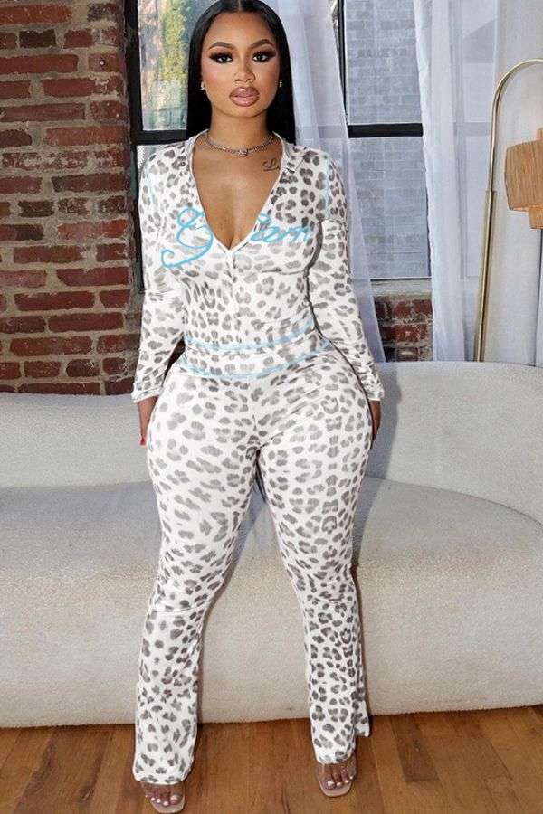 Leopard Print Hooded Crop Tops Pants Set image 0