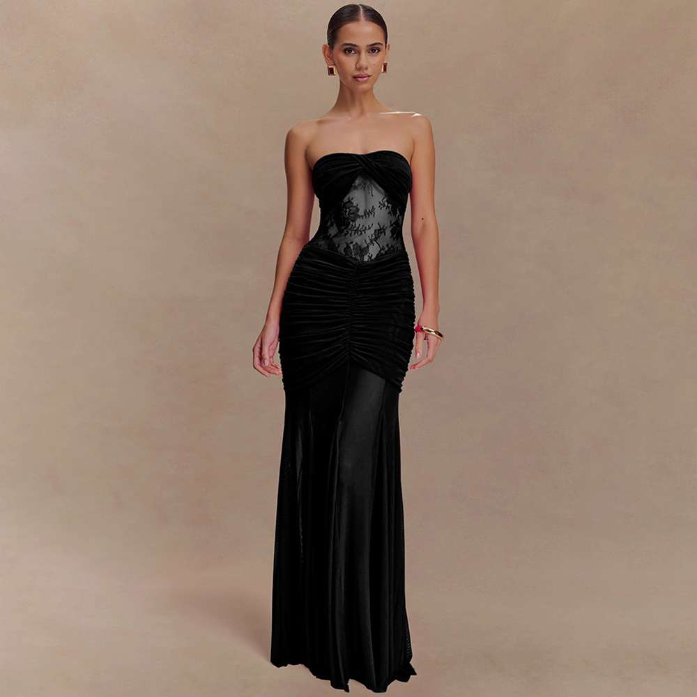 Strapless Ruched Maxi Dress with Lace image 3
