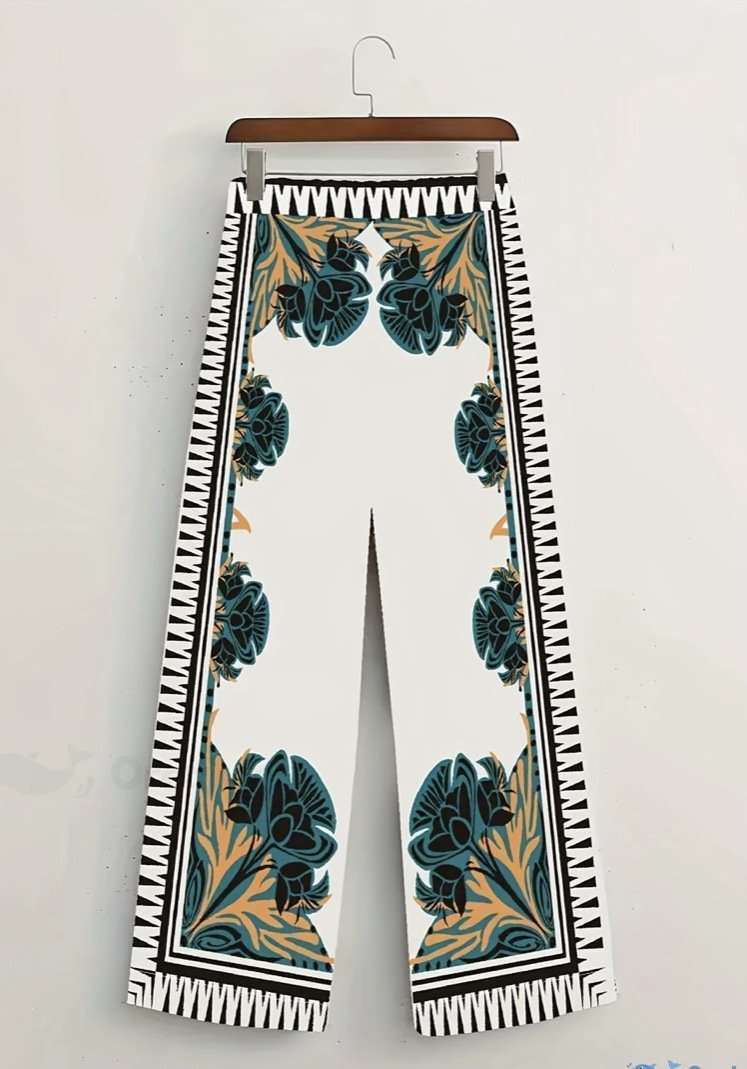 Asymmetrical Print Casual Shirt Top & Pants Set image 3