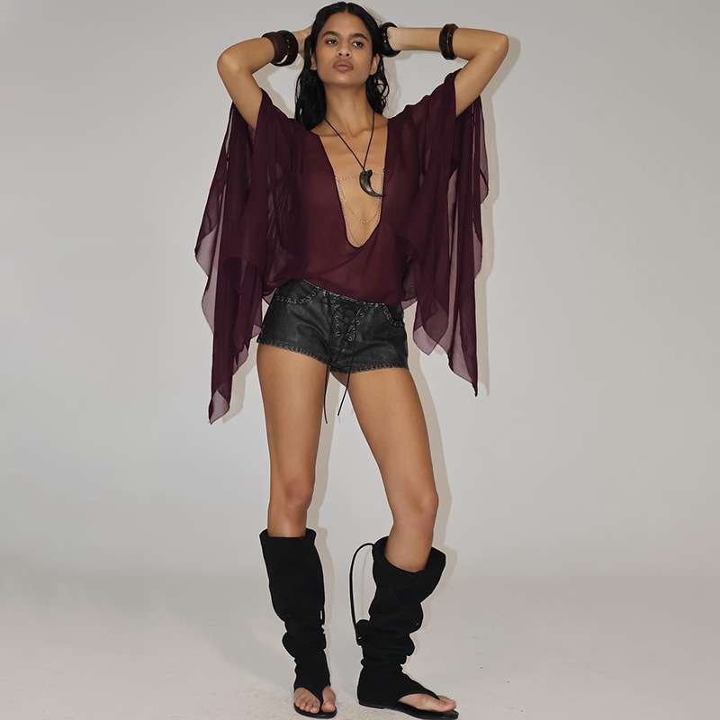 Deep V Plum Sheer Top - S, Brown image