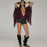 Deep V Plum Sheer Top - S, Brown image