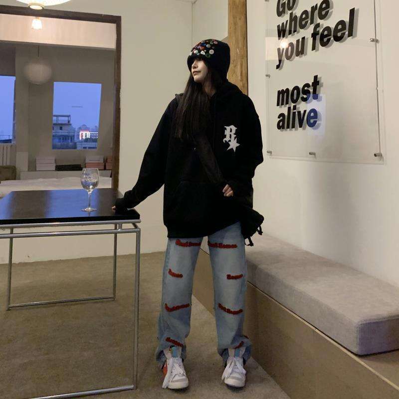 Embroidered Letters Solid Straight High Waist Jeans image 6