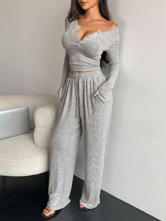 Button Placket Long Sleeve T-Shirt & Pants Set - XL, Grey image