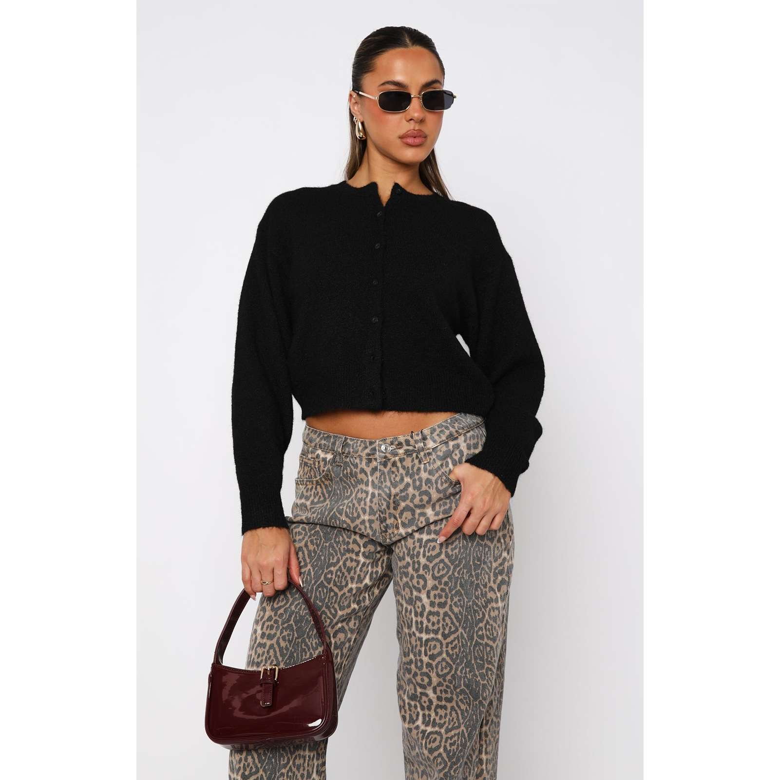 Button Down Cropped Cardigan Sweater - M, Dark Grey image