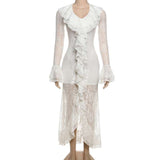 White Lace Ruffled Dress with High Slit image 3