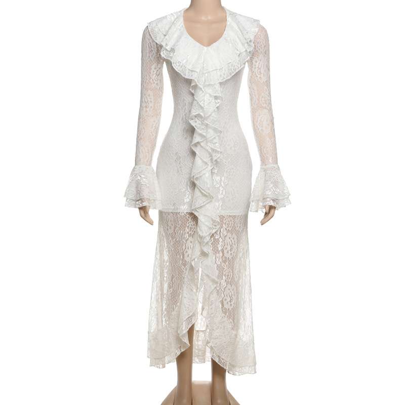White Lace Ruffled Dress with High Slit image 3